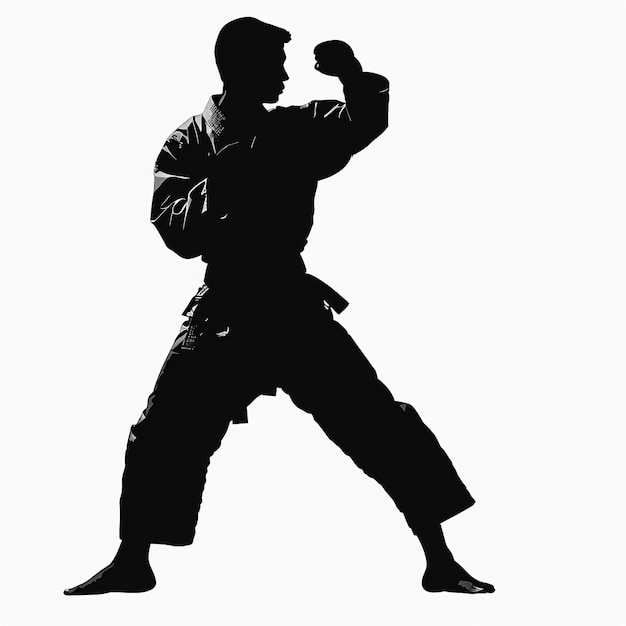 Silhouette di karate TKD sull'allenamento di disciplina di autodifesa delle arti marziali bianche