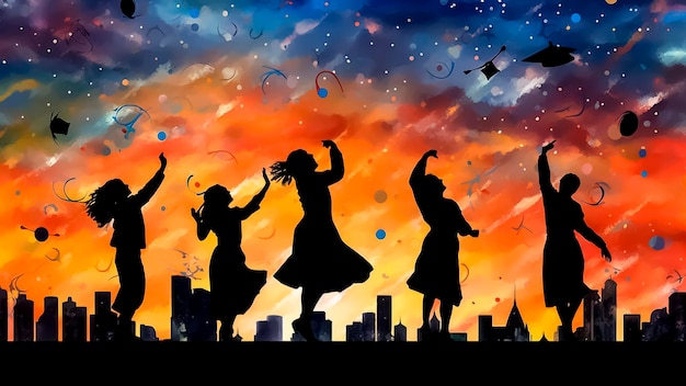 Silhouette di laureati che festeggiano il giorno della laurea sullo sfondo del cielo al tramonto Illustrazione