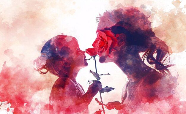 Silhouette di madre e figlia con una rosa rossa