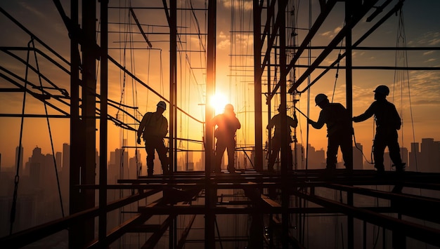 Silhouette di operai edili che lavorano su ponteggi al tramonto