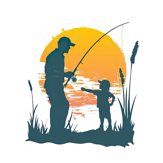 Silhouette di padre e figlio che pescano insieme xA