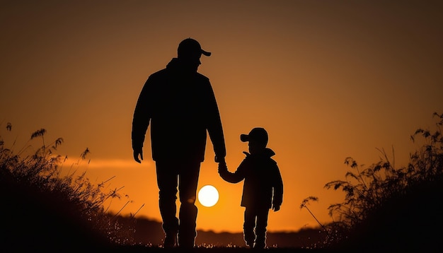 Silhouette di padre e figlio sullo sfondo della natura al tramonto