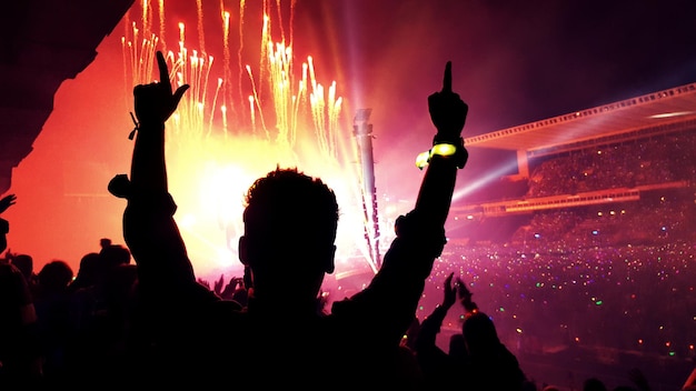 Silhouette di persone al concerto musicale contro il cielo di notte
