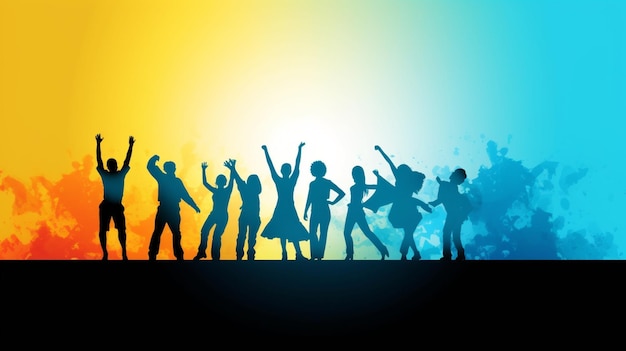 Silhouette di persone che ballano di fronte a uno sfondo colorato