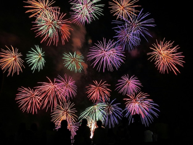 Silhouette di persone contro fuochi d'artificio colorati che esplodono nel cielo