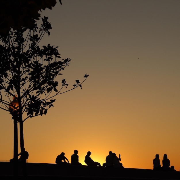Silhouette di persone contro il cielo arancione