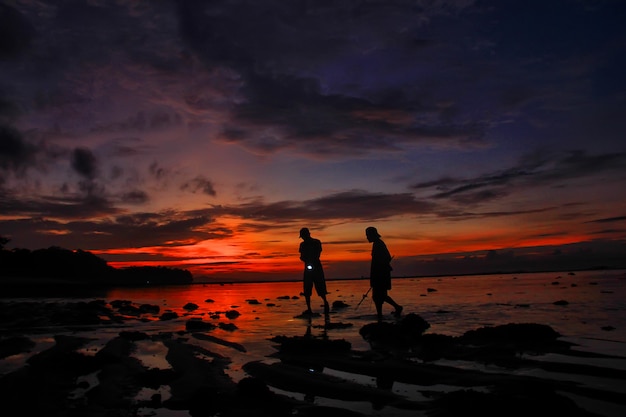 silhouette di persone in cerca di pesce sulla spiaggia