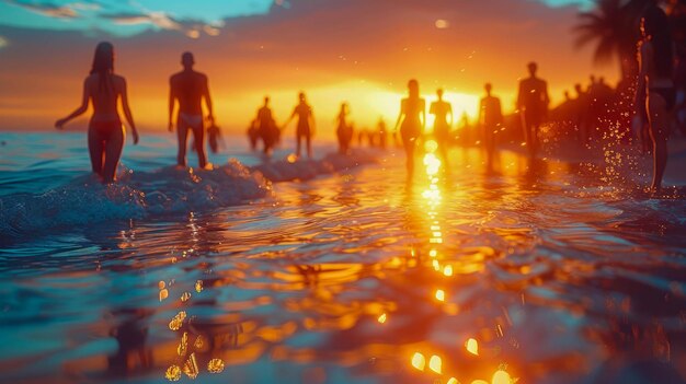 Silhouette di persone sulla spiaggia che camminano nell'acqua al tramonto