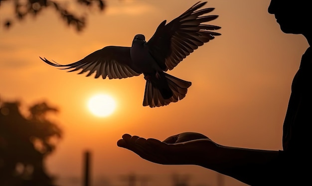 Silhouette di piccione che vola da due mani e concetto di libertà e giornata internazionale della pace generativa AI