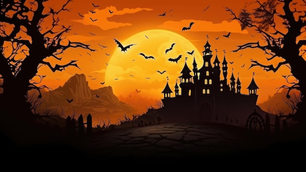 Silhouette di pipistrelli della casa infestata e alberi spettrali su sfondo arancione Disegno di Halloween Creato con l'IA generativa