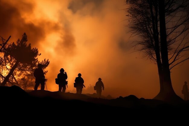 Silhouette di pompieri nell'incendio della foresta