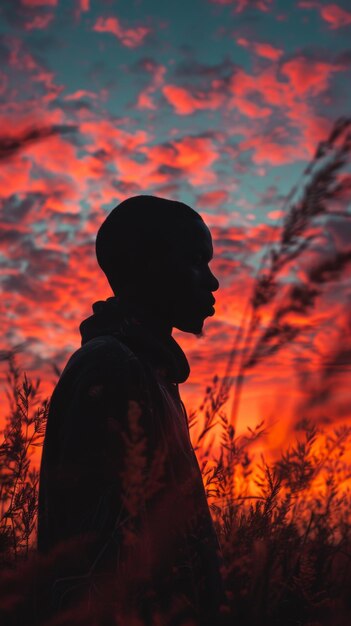 Silhouette di profilo di una persona sullo sfondo di un cielo pieno di colori rossi e arancioni vivaci
