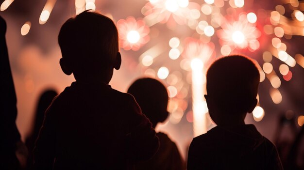 silhouette di ragazzini che guardano i fuochi d'artificio