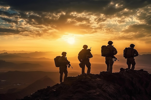 silhouette di ranger dell'esercito degli stati uniti sulla montagna al tramonto con la luce del sole