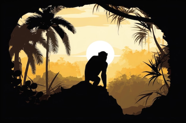Silhouette di scimmia al tramonto Animale nella natura selvaggia IA generativa