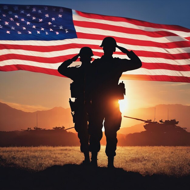 Silhouette di soldati che salutano la bandiera degli Stati Uniti