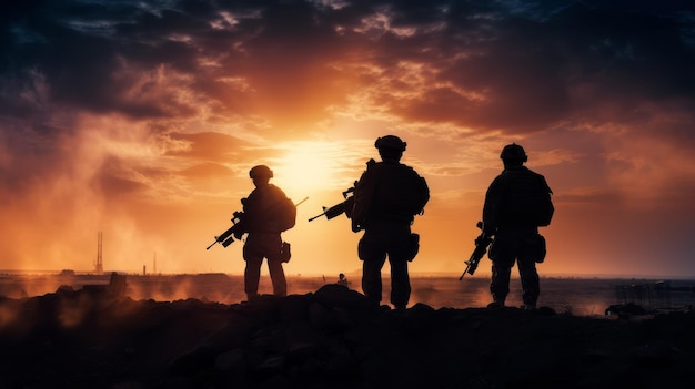 Silhouette di soldati militari con armi sfondo scuro legge e concetto militare