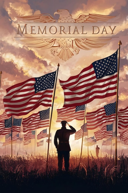 Silhouette di soldato che saluta la bandiera americana Memorial Day Poster sfondo