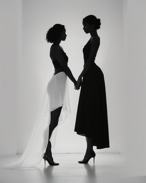 Silhouette di tre donne in abiti bianchi e neri girato in studio ai generative