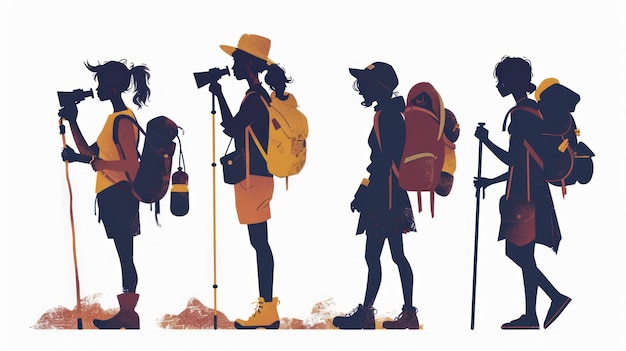 Silhouette di turisti con bastoni da trekking illustrazione Generative AI