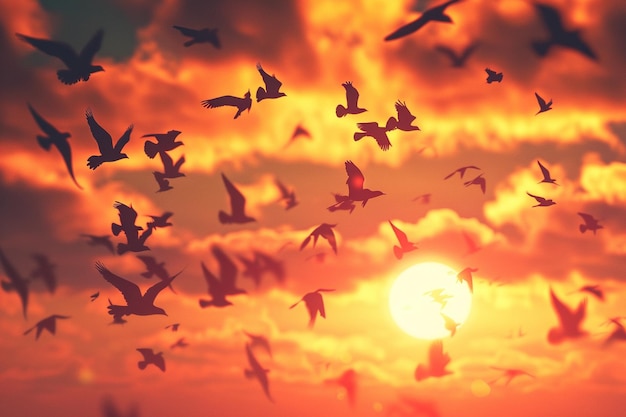 Silhouette di uccelli che volano al tramonto