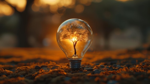 Silhouette di un albero all'interno di una lampadina al tramonto