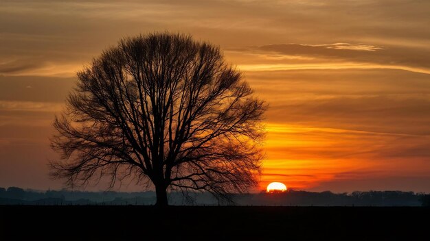 Silhouette di un albero durante un tramonto arancione