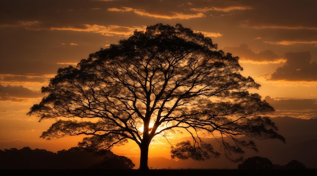 Silhouette di un albero illuminato dal tramonto