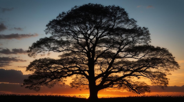 Silhouette di un albero illuminato dal tramonto