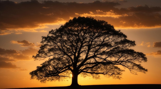 Silhouette di un albero illuminato dal tramonto