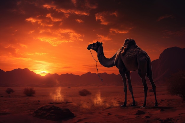 Silhouette di un cammello nel deserto al tramonto rendering 3d Dromedario al tramonto AI Generato