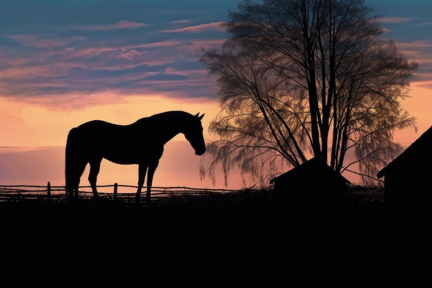 Silhouette di un cavallo che mangia fieno al crepuscolo creato con l'AI generativa