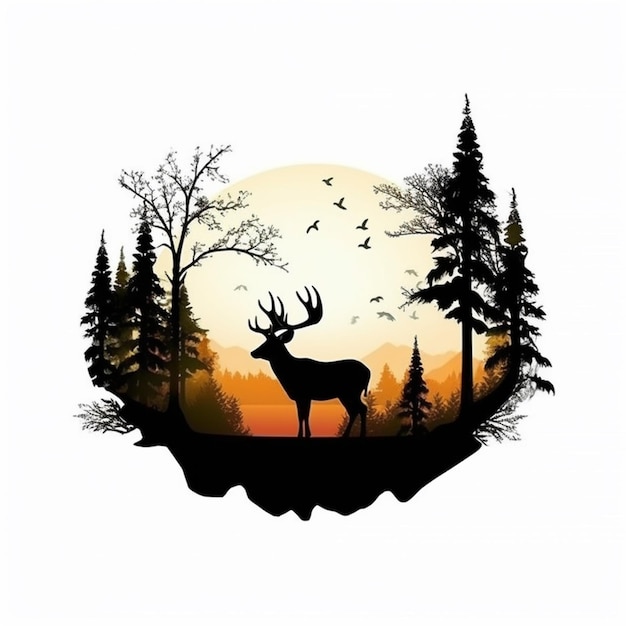 silhouette di un cervo in una foresta con un tramonto sullo sfondo generativo ai