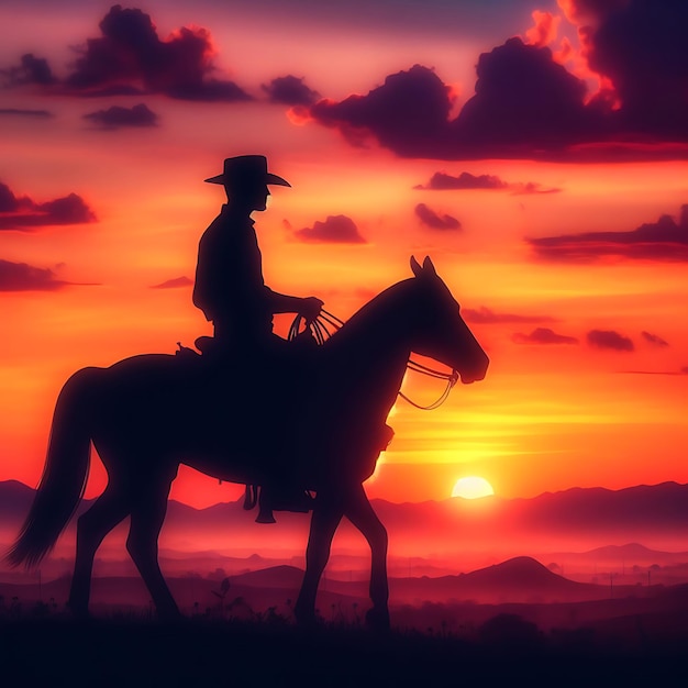 silhouette di un cowboy che cavalca verso il tramonto generato da ai