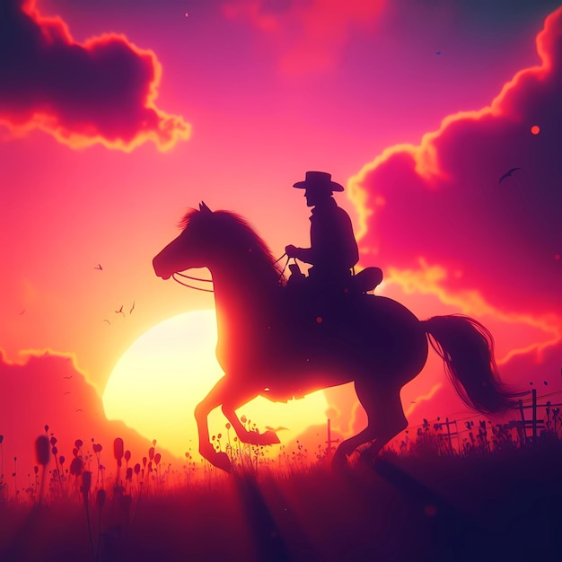 Silhouette di un cowboy che cavalca verso il tramonto