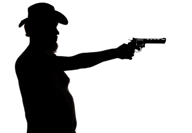 silhouette di un cowboy maschio con una pistola su uno sfondo bianco