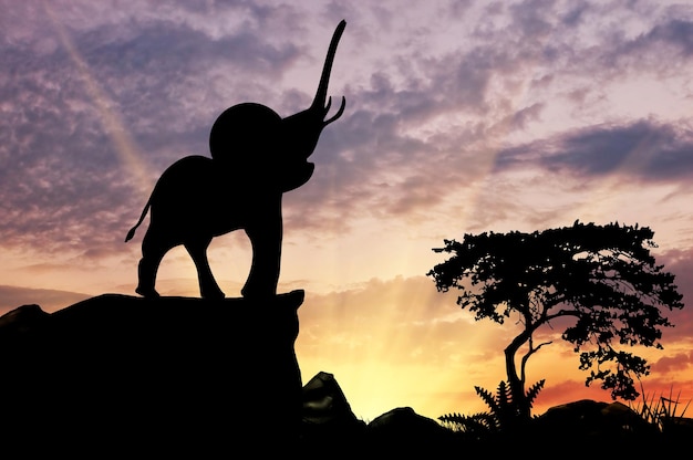 Silhouette di un elefante sulla collina alla savana al tramonto