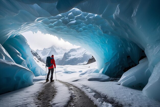 Silhouette di un escursionista all'ingresso di una grotta di ghiaccio nel ghiacciaio di Zinal in inverno Valais Svizzera