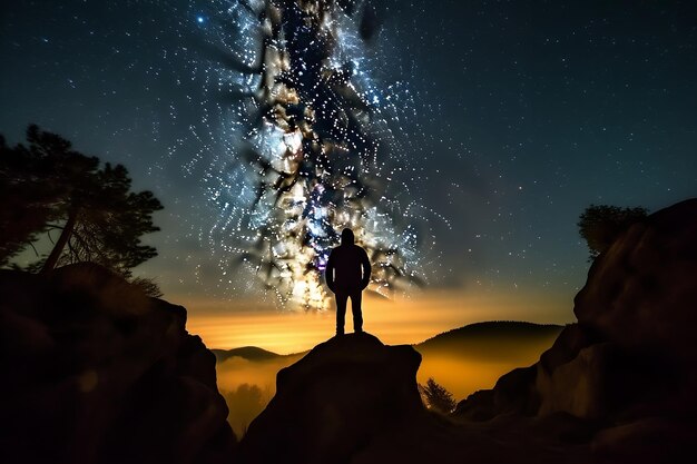 Silhouette di un escursionista che guarda l'immagine della Via Lattea IA generativa