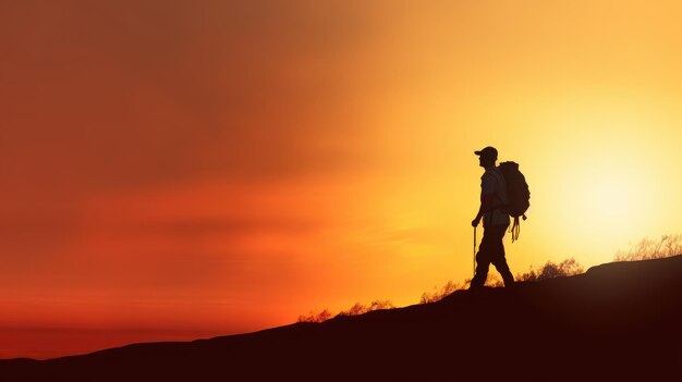 Silhouette di un escursionista contro un cielo al tramonto vibrante