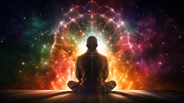 Silhouette di un essere umano seduto su stelle sullo sfondo della meditazione nello yoga generata dalla rete neurale ai