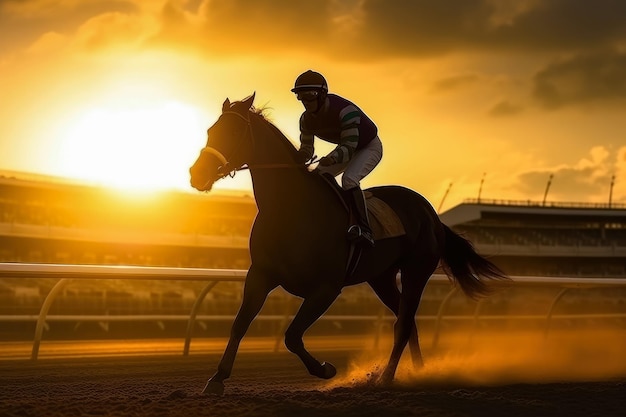 Silhouette di un fantino e del suo cavallo Le corse di cavalli allo stadio Create con la tecnologia Generative Ai