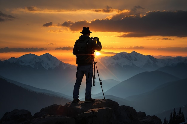 Silhouette di un fotografo che scatta un tramonto in montagna
