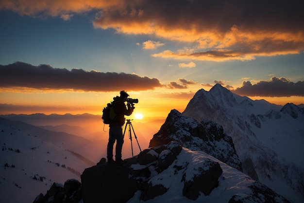 Silhouette di un fotografo che scatta un tramonto in montagna