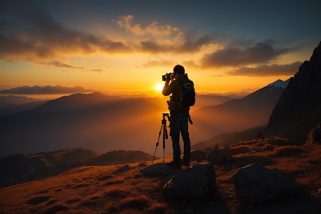 Silhouette di un fotografo che scatta un tramonto in montagna
