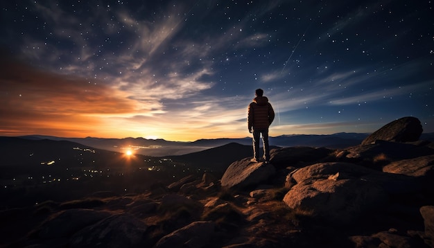 Silhouette di un fotografo con una macchina fotografica e la Via Lattea in fondo nero