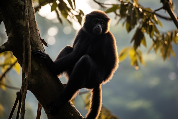 Silhouette di un gibbone nero seduto su un ramo Un gibbone appeso ad un albero nella giungla del Costa Rica