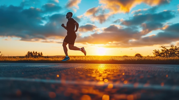 Silhouette di un giovane che corre in volata su strada Corridore fitness in forma durante l'allenamento all'aperto con sfondo tramonto