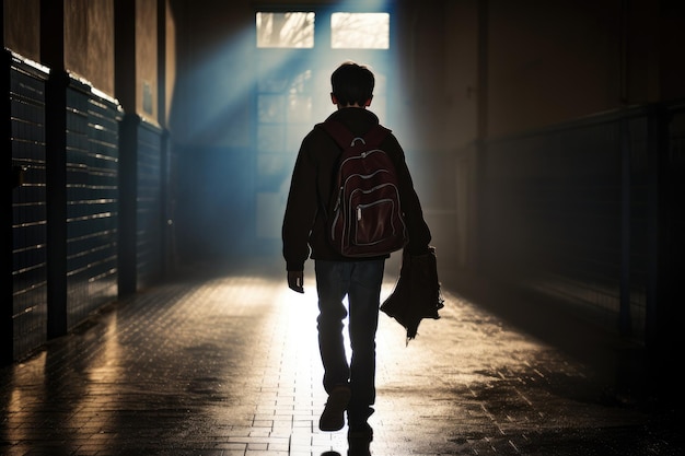 Silhouette di un giovane in un edificio abbandonato Il concetto di solitudine Vista posteriore di uno scolaro che cammina lungo il corridoio della scuola Generato dall'intelligenza artificiale