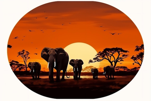 silhouette di un gruppo di elefanti che camminano nella savana africana al tramonto con il sole gigante rotondo